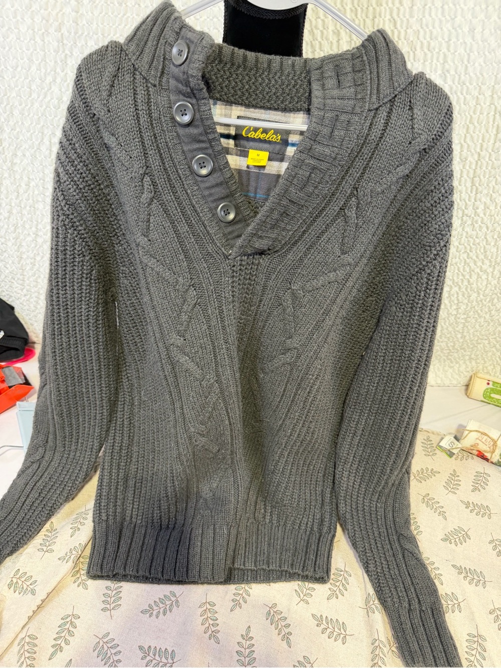 Cabela's Men's Dark Gray Cable-Knit V-Neck Button Sweater